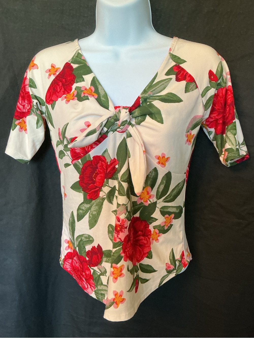 No Boundaries Cream Floral Tie-Front Blouse with Red Blooms